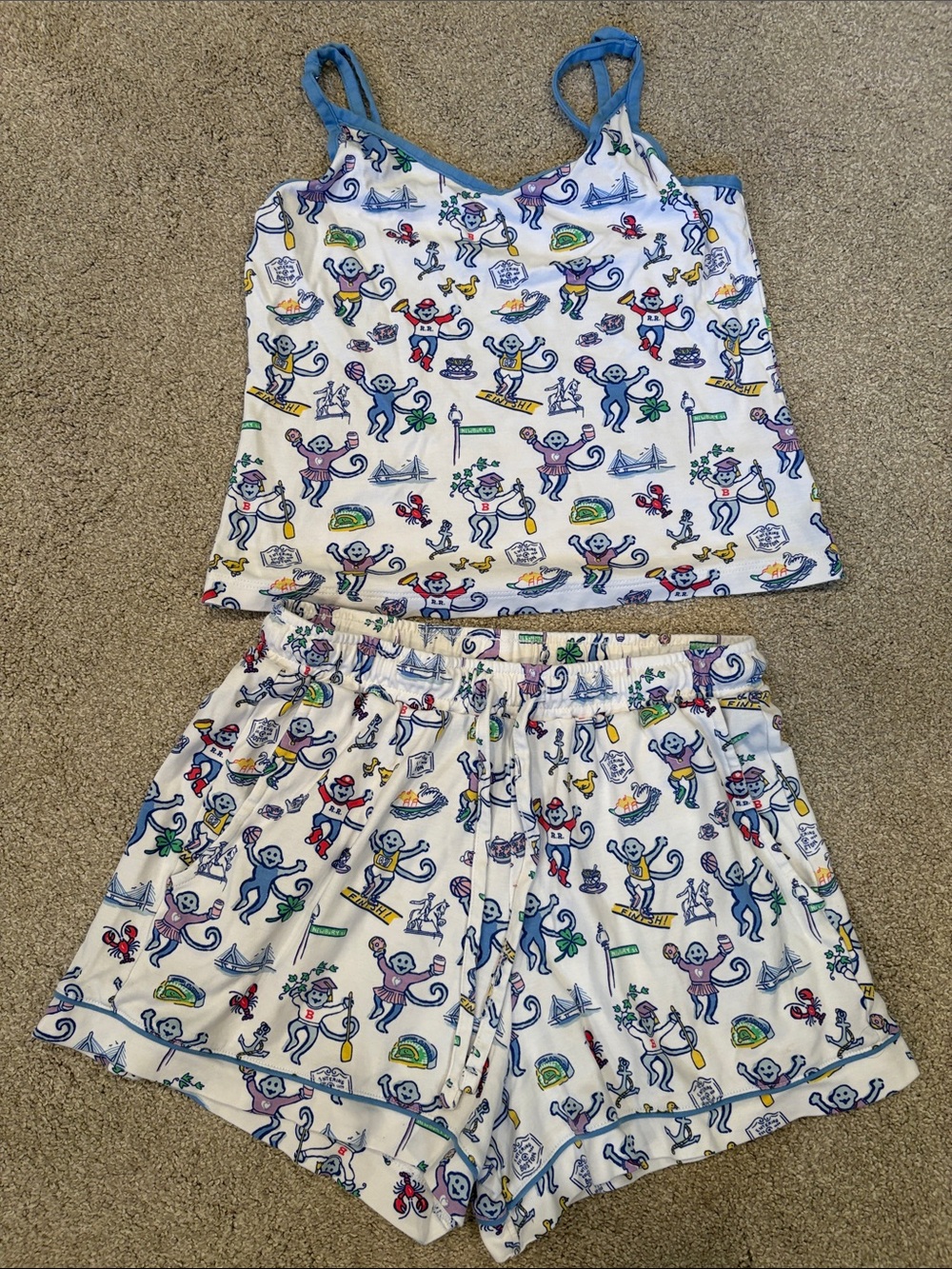 Roller Rabbit Boston Monkey Print Tank & Shorts Pajama Set with Blue Trim women